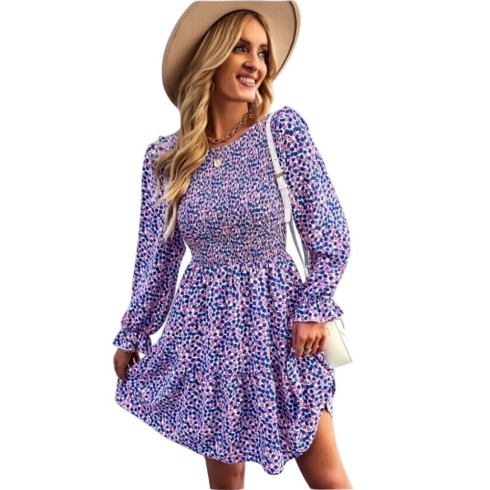 Strawberry Floral Smocked Mini Dress Size M Cottagecore Boho Ruffle Long Sleeve